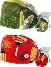 [YTYVAGT] 2-Pc,Nurse Scrub Caps,Scrub Hats with Buttons and Cotton Sweatband,Bunny Field Butterfly