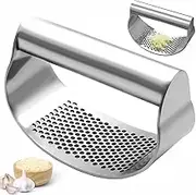 Garlic Press Rocker Heavy Duty Stainless Steel Manual Garlic Crusher with Handle Curved Garlics Press Squeezer Dishwasher Safe Multipurpose Garlics Grinder for Kitchen Use (Silver)