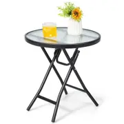 Costway Patio Round Glass Side Table Bistro Folding Coffee Table Patio End Table w/Tempered Glass Tabletop