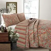 Red Orange Vintage Reversible 100% Cotton 3-Piece Quilt Bedding Set