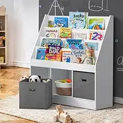 OIKITURE 4-Tier Kids Bookshelf, Wooden Baby Storage Book Rack with 3 Container Cubes, Kids Bookshelf Toy Box Organiser Display Shelf for Kids Room Playroom Kindergarten Nursery, Extra 2 Storage Boxes