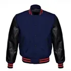 New Navy Blue Wool Varsity Bomber Jacket With Black Leather Sleeves Letterman