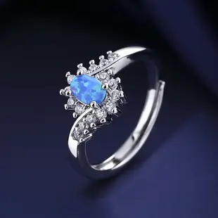 【附證書】優雅藍蛋白石戒指時尚海洋之心白鑽戒指