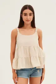 Beige Tiered Top Sleeveless Scoop Neck Linen Blend - Size 14, Women's Top