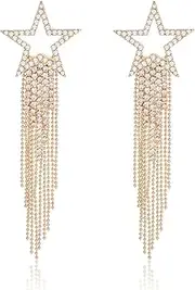 [JERTOCLE] Women's Tassel Earrings Star Ear Stud Pave Crystal Dangle Earrings Boho Waterfall Beaded Fringe Drop Earring