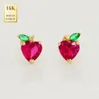 14K REAL Solid Gold Tiny Red Apple Stud Earrings CZ Screw-back Cute Jewelry