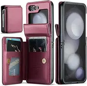 [Asuwish] Phone Case for Samsung Galaxy Z Flip 5 5G 2023 Wallet Cover with Screen Protector and RFID Blocking PU Leather Credit Card Holder Stand Cell Accessories ZFlip5 Z5 G Flip5 5Z Women Men Wine