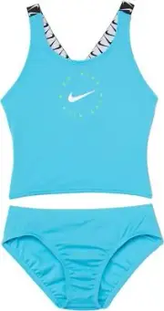 Nike 281357 Girl's Logo Tape Cross-Back Tankini Chlorine Blue XS (6X Little Kid)