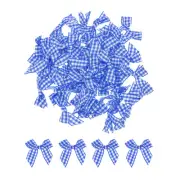100Pcs Mini Gingham Ribbon Bow 1.5" Checkered Fabric Satin Dark Blue and White
