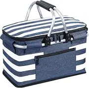KEFOMOL Insulated Picnic Basket,Portable Collapsible Cooler Bag, 26L Grocery Basket with Lid,2 Sturdy Handles,Storage Basket for Picnic,Food Delivery,Take Outs,Market Shopping,Travel (Stripe)