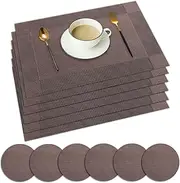 Neween Placemat with Compatible Coaster, Fine Weaving Insulation Placemat Set of 6 Non-Slip Heat Resistant Washable Table Mat Set for Kitchen Dining Table (6PCS Placemat + 6 Coaster, Brown)