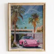 Retro Pink Porsche 911 With Palm Trees Vintage Sports Cars Wall Art Poster Print