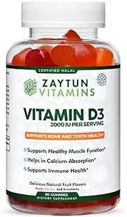 Zaytun Halal Vitamin D3 2000 IU Gummies, Supports Bone, Teeth & Immune Health, Promotes Muscle Function, Gluten & Gelatin Free, 90 Natural Fruit Flavor Gummies, Made in USA - Halal Vitamins