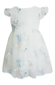 Popatu Kids' Floral Embroidered Flutter Sleeve Party Dress in White/Blue at Nordstrom, Size 6