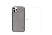 For iPhone 11 Pro Max Case Fabric Texture Grey & Tempered Glass Screen Protector