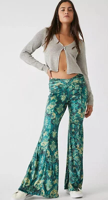 NWT Free People Hold Me Closer Flare Bell Bottom Pants Blue Velvet Emerald large