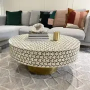 Handmade Geomatric Pattern White Round Coffee Table Wood Base 35Wx16Hx35D