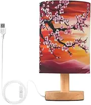 [ZRYSMY] Landscape Cherry Sunset Table Lamp with USB Port for Living Room Nightstand Lamp with Linen Fabric Shade Small Bedside Lamps for Bedroom, Dorm, Office (LED Bulb Included)