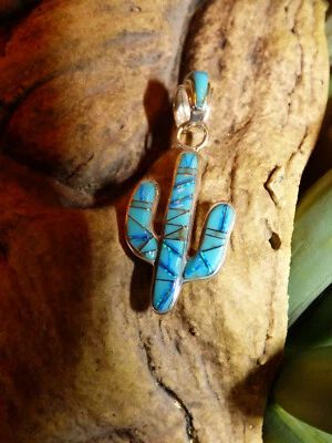 Southwest Saguaro Cactus Sterling Silver Turquoise Opal Pendant Handcrafted NEW
