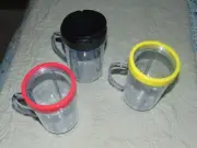 THREE NEW MAGIC BULLET BLENDER MUGS CUPS WITH TWO RINGS & ONE FLIP-TOP LID