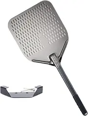 Perforated Pizza Peel 14" Metal Pizza Turning High Temperature Resistant Oven Pizza Spatula Homemade Pizza Pan Compatible Despite Pizza Oven with Hooks (Color: Black handle)