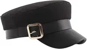 [VANTOBEST] Classic British Flat Top Cotton Bucket Hat Sailor Hat Fiddler Hat Peaked Beret Hat with Metal Buckle for Women and Girls (Black), 7, Black, 57