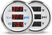 WATERWICH 52mm 3 in 1 Triple Gauge Set (Water Temperature Gauge °F + Oil Pressure Gauge PSI + Voltmeter) with Water Temperature Sensor and Oil Pressure Sensor (White Plate Silver Cover)