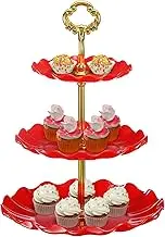 uxcell 3-Tier Cupcake Stand Holder, Plastic Round Tiered Serving Stand, Mini Cakes Fruit Candy Display Dessert Tower Tray for Tea Party, Wedding, Red