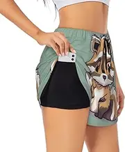 [WURTON] Cartoon Cute Raccoon Print Exercise Gym Workout Shorts Women's Athletic Shorts Dual-Layered Yoga Running Shorts