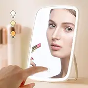 Lighted Makeup Mirror With Touch Control and 3 Lights - Portable Travel Vanity Mirror, 2400 mAh Brightness Adjustable LED Cosmetic Light Up for Desk, Dorm - Silicone Anti Slip