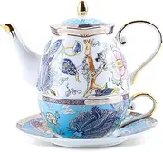 Bone China Tea for One Set in Pretty Orchid Design, Elegant Porcelain Tea Set for Floral Tea, Tea, Coffee, China Tea Set for One in Reusable Gift Box, for Gift giving, Gatherings (Blue Tea Set B)