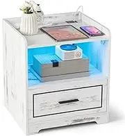 Giantex LED Nightstand with USB Port, Smart Bedside Table with Adjustable Light Colors & Brightness, Human Body Induction, Modern Sofa Side End Table with Open Shelf & Drawer for Bedroom, White (1)