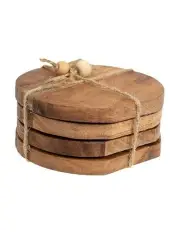 [Willow & Silk] Handmade Wooden Tea Coaster Trivet with Tie Set of 4 Piece 10cm in Brown