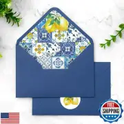 Whaline 50Pcs Blue Tiles Envelopes Mediterranean Lemon Invitation Envelope wi