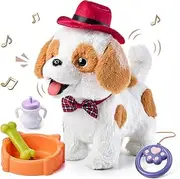 OR OR TU Walking Barking Toy Dog with Remote Control Leash, Plush Puppy Electronic Interactive Toys for Kids, Wag Tail, Singing, Pretend Dress Up Realistic Stuffed Dog Age 3 4 5 6 Years Old Best Gift