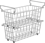 GEDLIRE Chest Freezer Organizer Bins 2 Pack, Stackable Stainless Steel Wire Freezer Basket for Organizing, Pantry Storage Refrigerator Baskets for Sort Frozen Meats and Foods