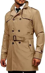 [Makkrom] Men's Double Breasted Belted Trench Coat Notched Lapel Casual Slim Fit Lightweight Windbreaker