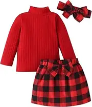 [Generic] Holiday Dress for 6M to 5 Years Toddler Girls Solid Red Long Sleeve Plaid Halter Dress Hairband 3 Piece Christmas Clothes Set