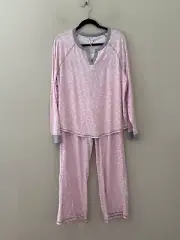 SPLENDID Sz L Long Sleeves Split Neck Top & Drawstring Pants Pajamas Set Hearts