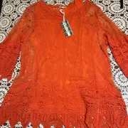 "Ultra Pink" Mesh Crochet Embroidered Top w/Liner Sz XL NWT Solid Orange 3/4 Slv