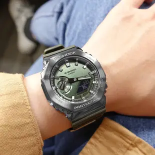 G-SHOCK CASIO / 卡西歐 八角金屬 雙顯 防水 橡膠手錶 綠x灰框 / GM-2100B-3A / 45m