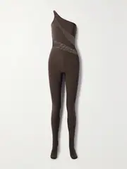 [Norma Kamali] Norma Kamali - Snake One-shoulder Mesh-paneled Stretch-jersey Jumpsuit - Chocolate - large large Brown