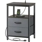 Nightstand with Charging Station, Side Table with Fabric Drawers, End Table