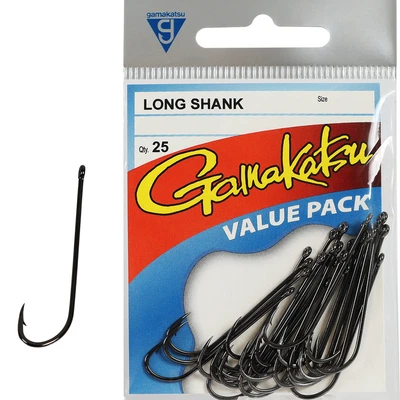 Gamakatsu Long Shank Black Fishing Hooks 25 Pack Sizes 10 to 2
