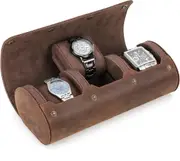 Men's Leather Travel Watch Roll - Crazy Horse Box for 3 Watches (Coffee)