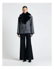[Cue] Wool Herringbone Coat with Faux Fur Collar in Dark Ink