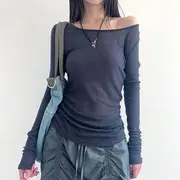 Long-Sleeve One-Shoulder Plain T-Shirt Blue - M