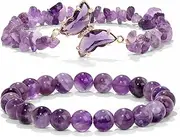 [GolbalJew] Natural Amethyst Bracelet For Women Butterfly Charm Healing Crystal Beads Bracelets Layered Jewelry Stone Beaded Bracelet Gifts For Women Girls