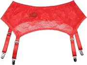 [Luxallacki] Women's Sheer Floral Lace Garter Belt,4 Straps Suspender with Metal Clips, Red, Large