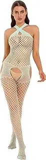 [Linjinx] Women's Sexy Lingerie Fishnet Crisscross Straps Full-Body Bodysuits Open Crotch Bodystockings Chemise